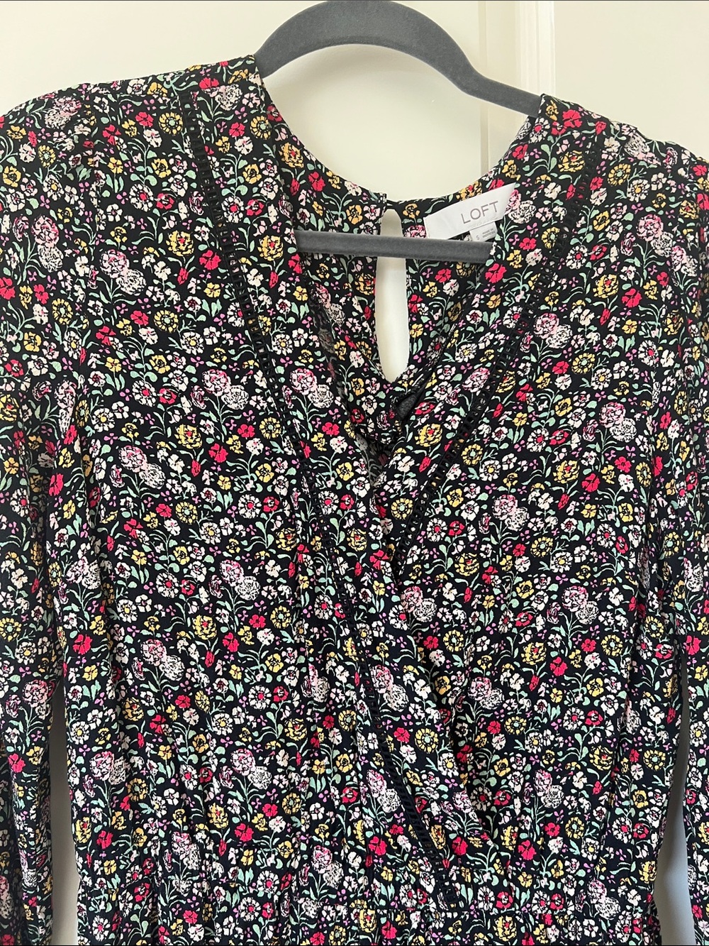 LOFT Black Floral Romper with Pink & Yellow Accents - Picture 3 of 7